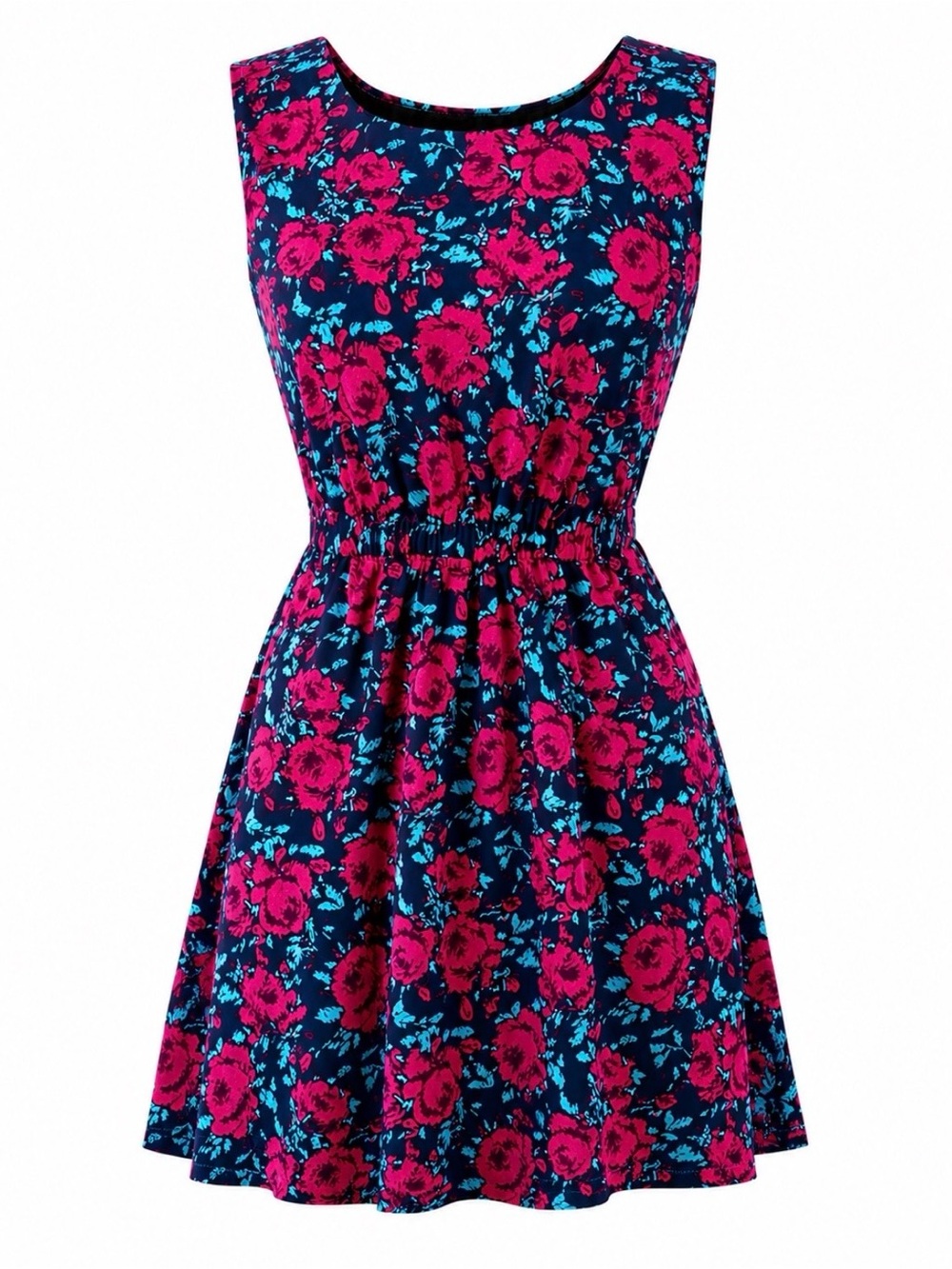 Floral Sleeveless Fit & Flare Dress in Magenta and Teal - size Medium